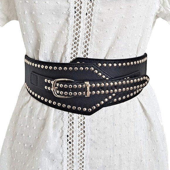Boutique Accessories - Wide black faux leather gold buckle studded Belt corset stretch punk Statement